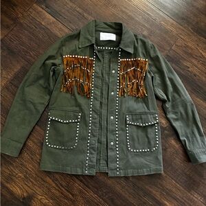 Zara Studded Olive Green Jacket with Fringe